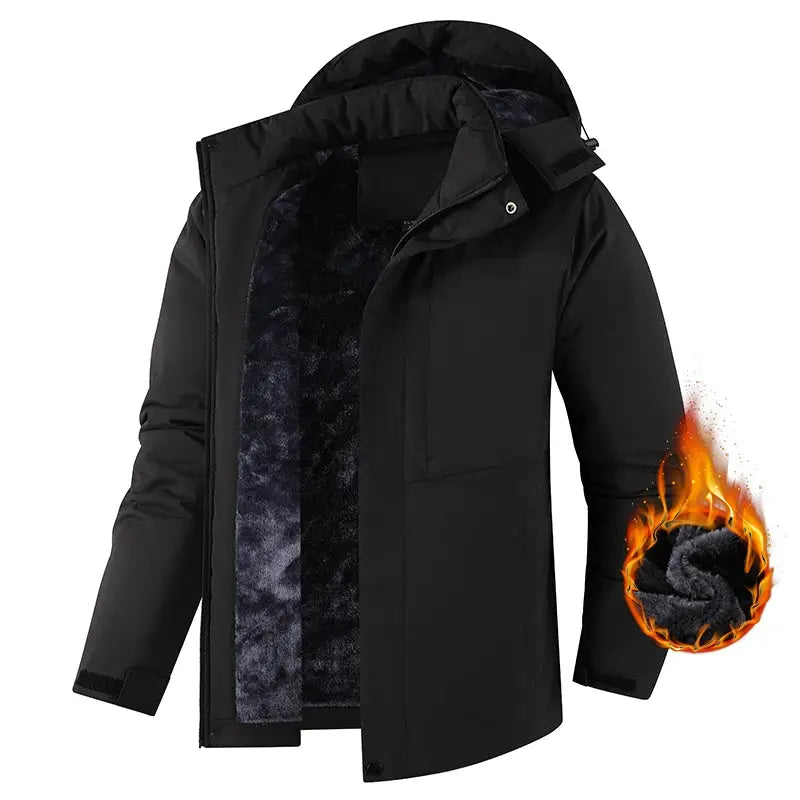 Men's black windproof, waterproof parka jacket with thick fleece lining and hood