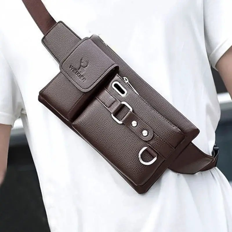 Simples Market PU leather crossbody fanny bag in brown with metal buckles