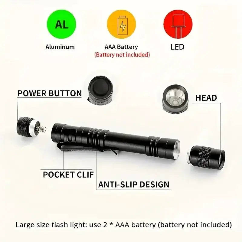 Simples Market 395nm UV pen flashlight in black with pocket clip and anti-slip design; uses 2 AAA batteries (not included)