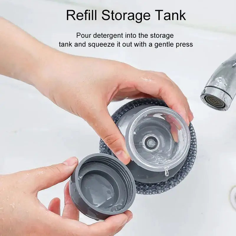 Gray portable kitchen soap-dispensing dishwashing brush with refill storage tank, Simples Market