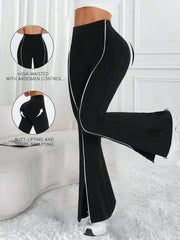 Women's black high-waisted flared yoga pants with white piping from Simples Market, butt-lifting and hip-sculpting