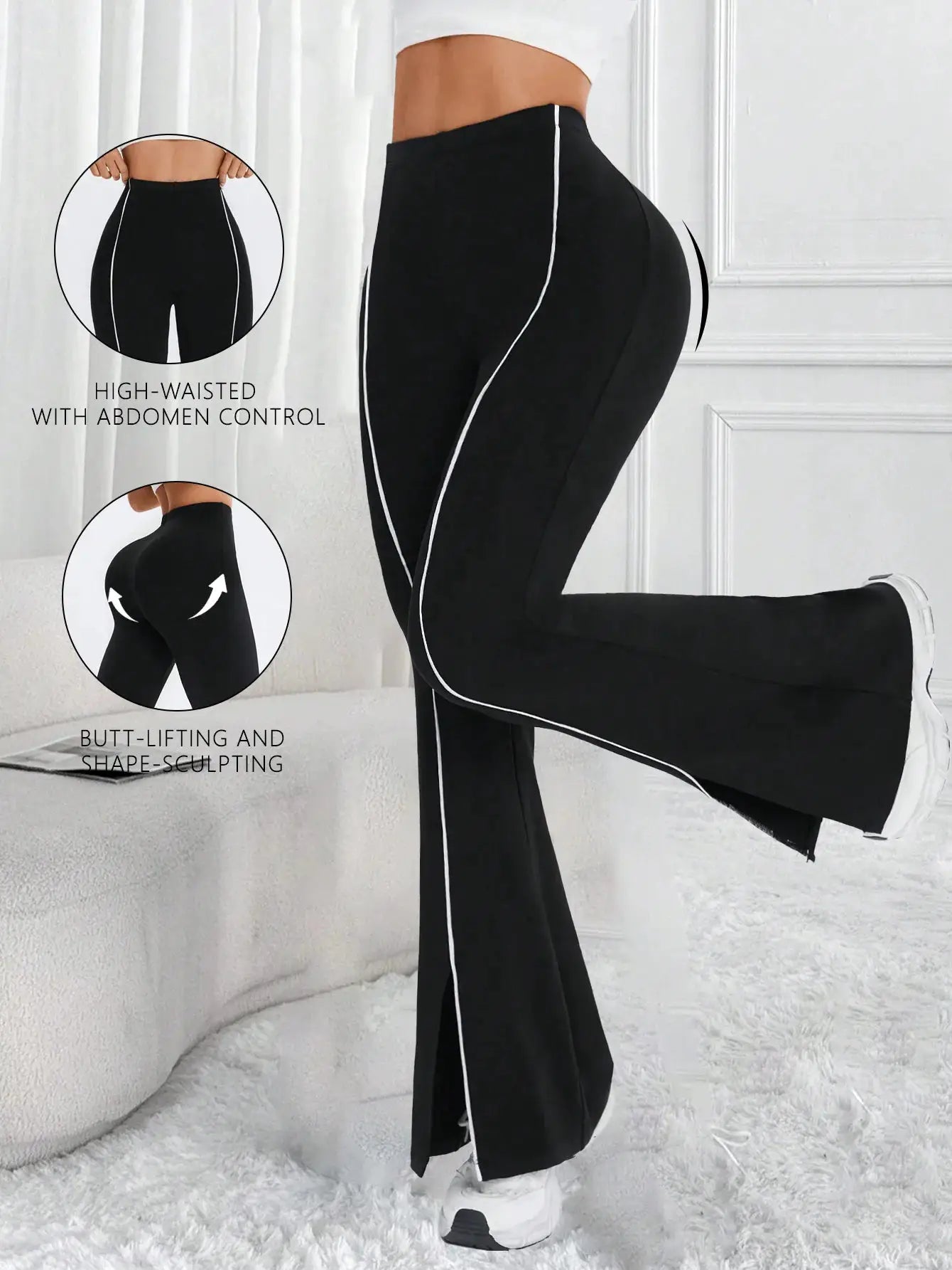 Women's black high-waisted flared yoga pants with white piping from Simples Market, butt-lifting and hip-sculpting