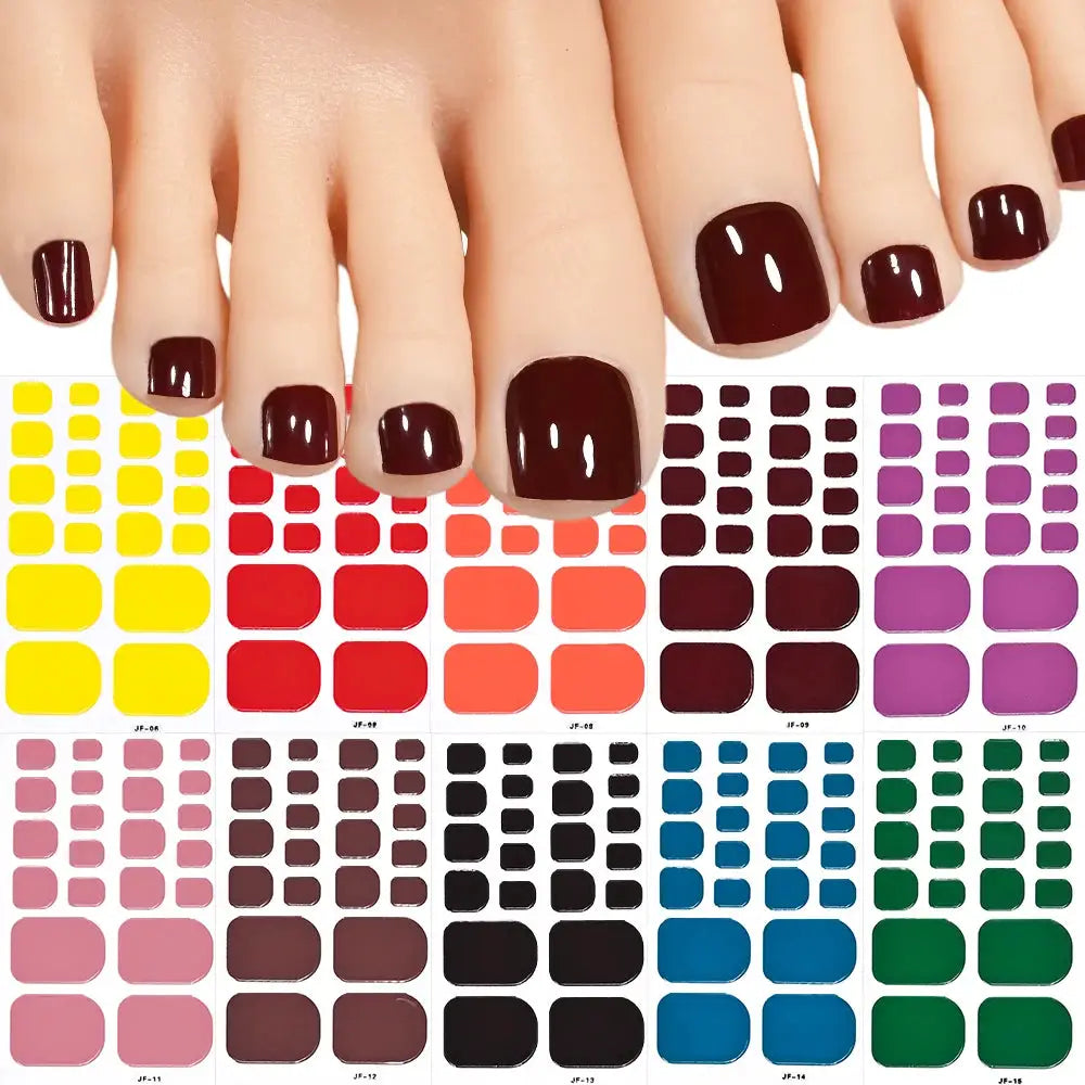 Simples Market 22tips solid-color toenail sticker wraps in burgundy on toenails, with color swatch chart behind