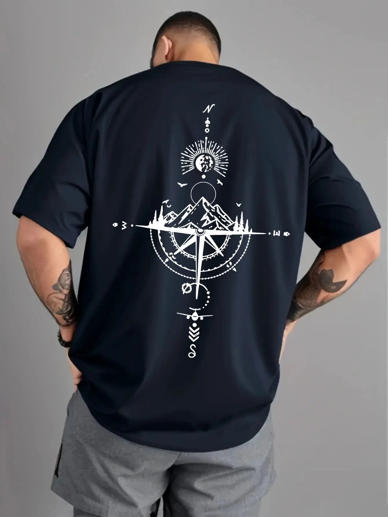 Mens 100 Percent Cotton Summer Casual T Shirt Loose Oversized Retro Compass Print Round Neck Short Sleeve