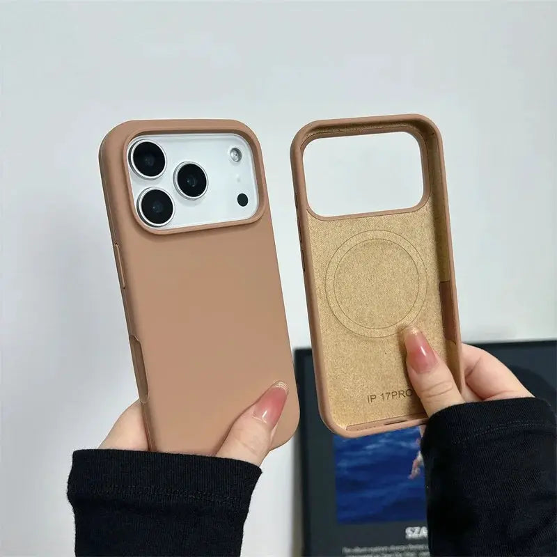 Magnetic liquid silicone case for iPhone 17 series in brown; MagSafe compatible with large camera hole, two-piece set