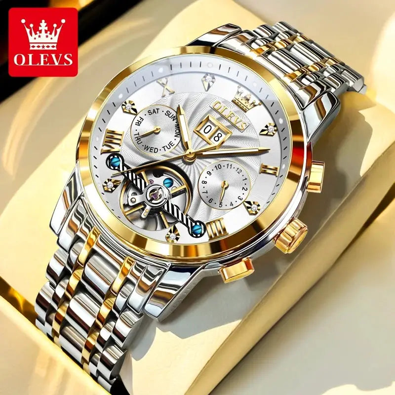OLEVS 9910 Mens Watch Waterproof Luminous Automatic Mechanical Dual Calendar Date Stainless Steel Band