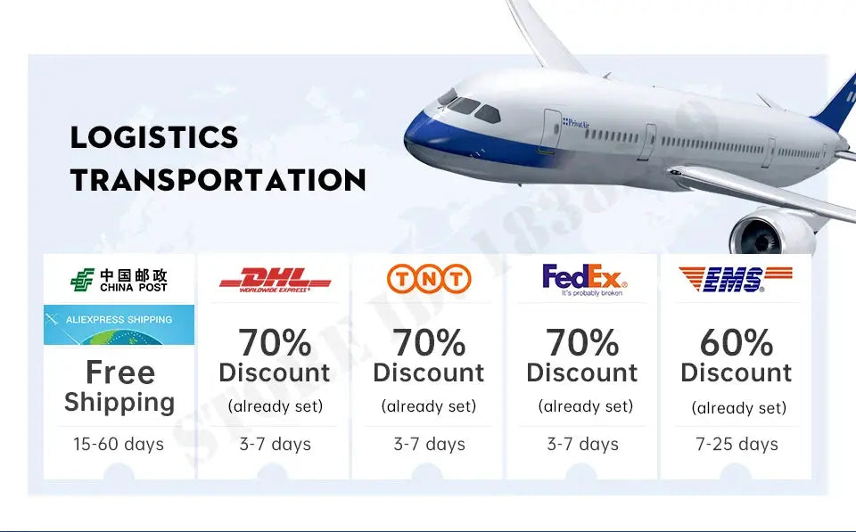 Logistics banner with airplane graphic and carrier logos, advertising free shipping and 70% discounts.