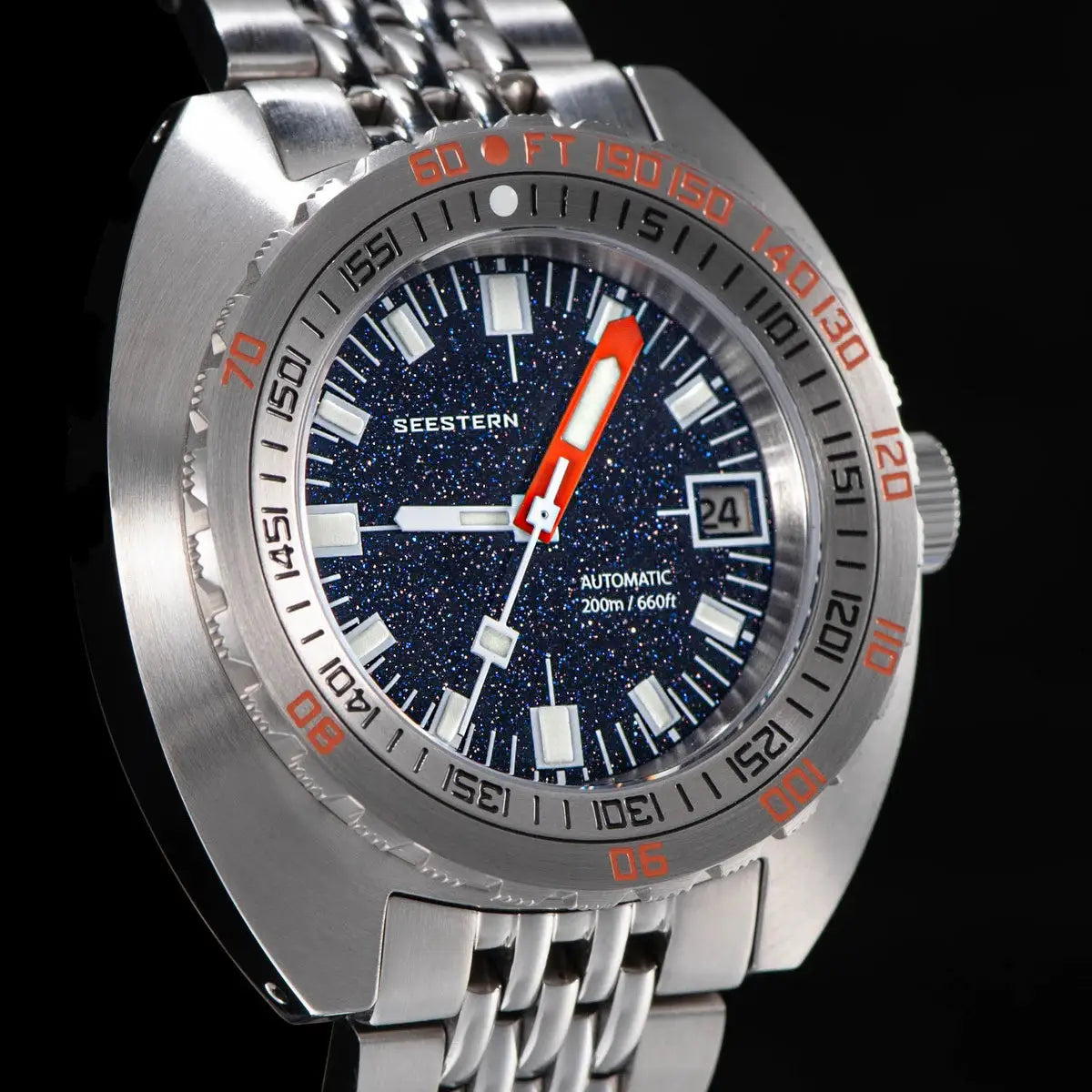 Seestern diver watch; stainless steel bracelet, blue speckled dial, orange hands, date window, automatic, 200m