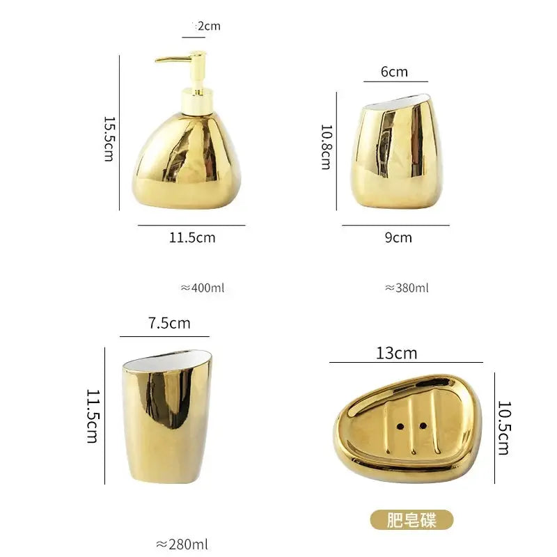 Gold bathroom accessory 4-piece set by Simples Market: soap dispenser, mouthwash cup, toothbrush holder and tray