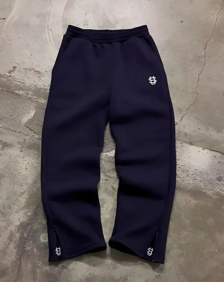 Autumn navy high-waist drawstring jogger sweatpants by Simples Market with zip cuffs and white logo