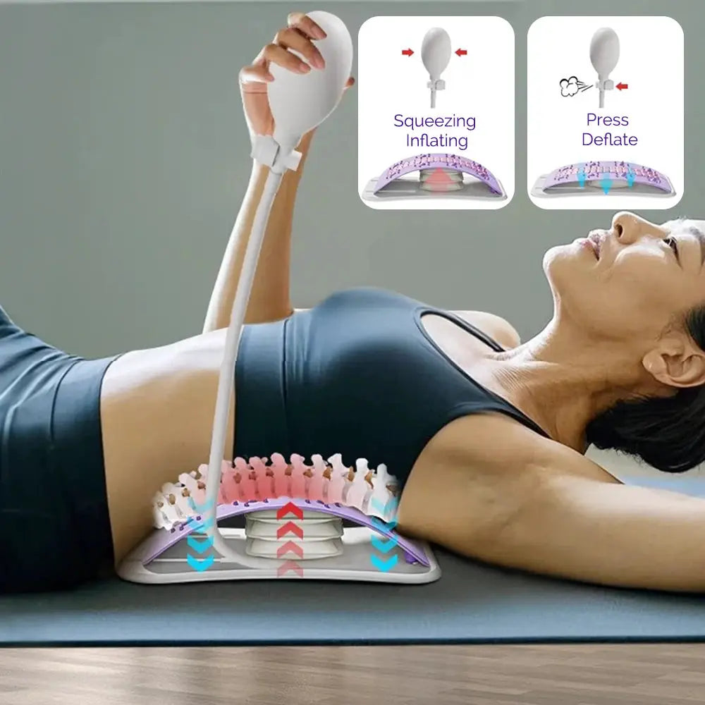 Foreverlily adjustable back massager with inflatable waist and neck support, white with purple accents.