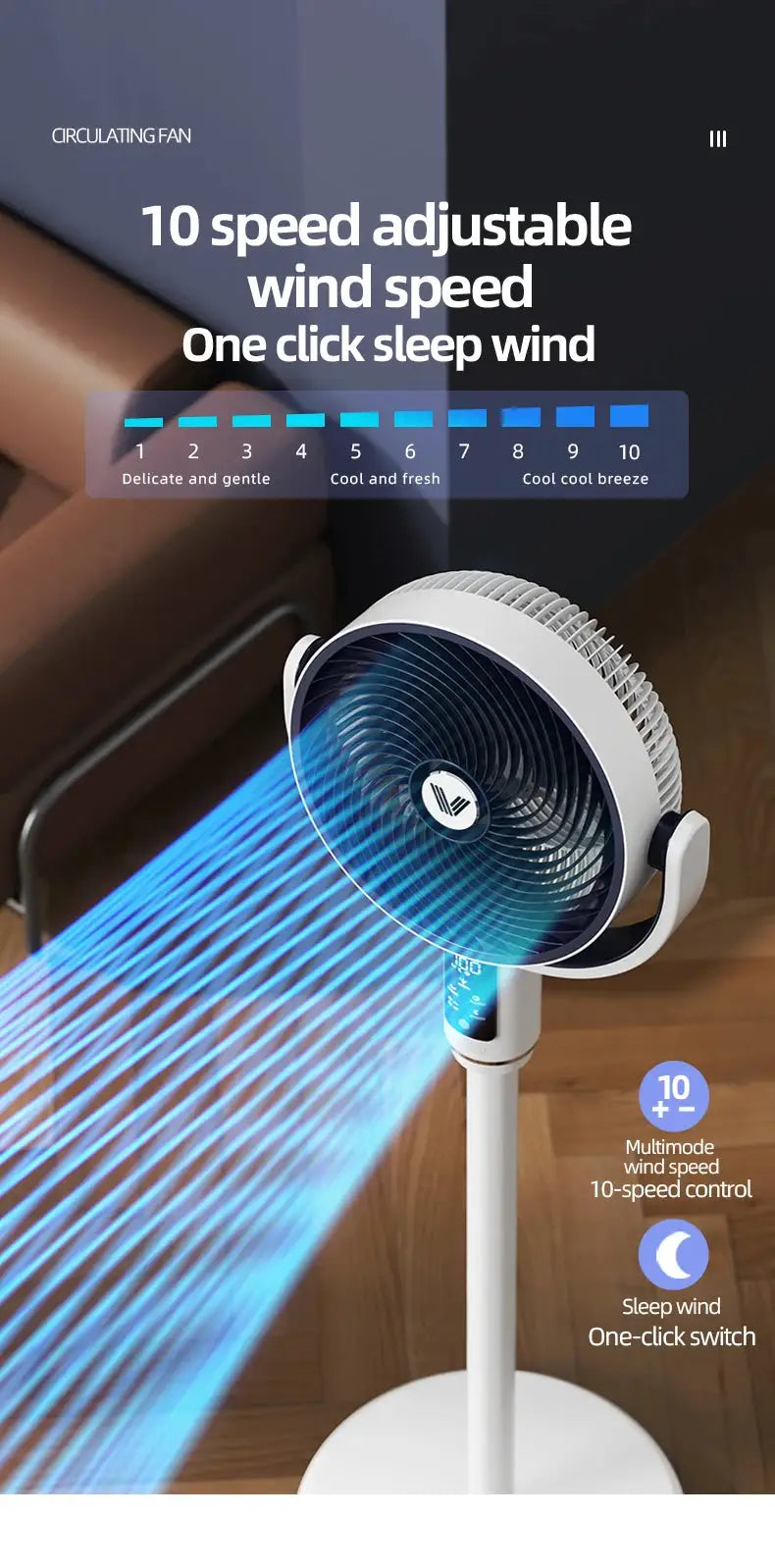 Floor fan with white body, circular black grill, blue airflow and remote control