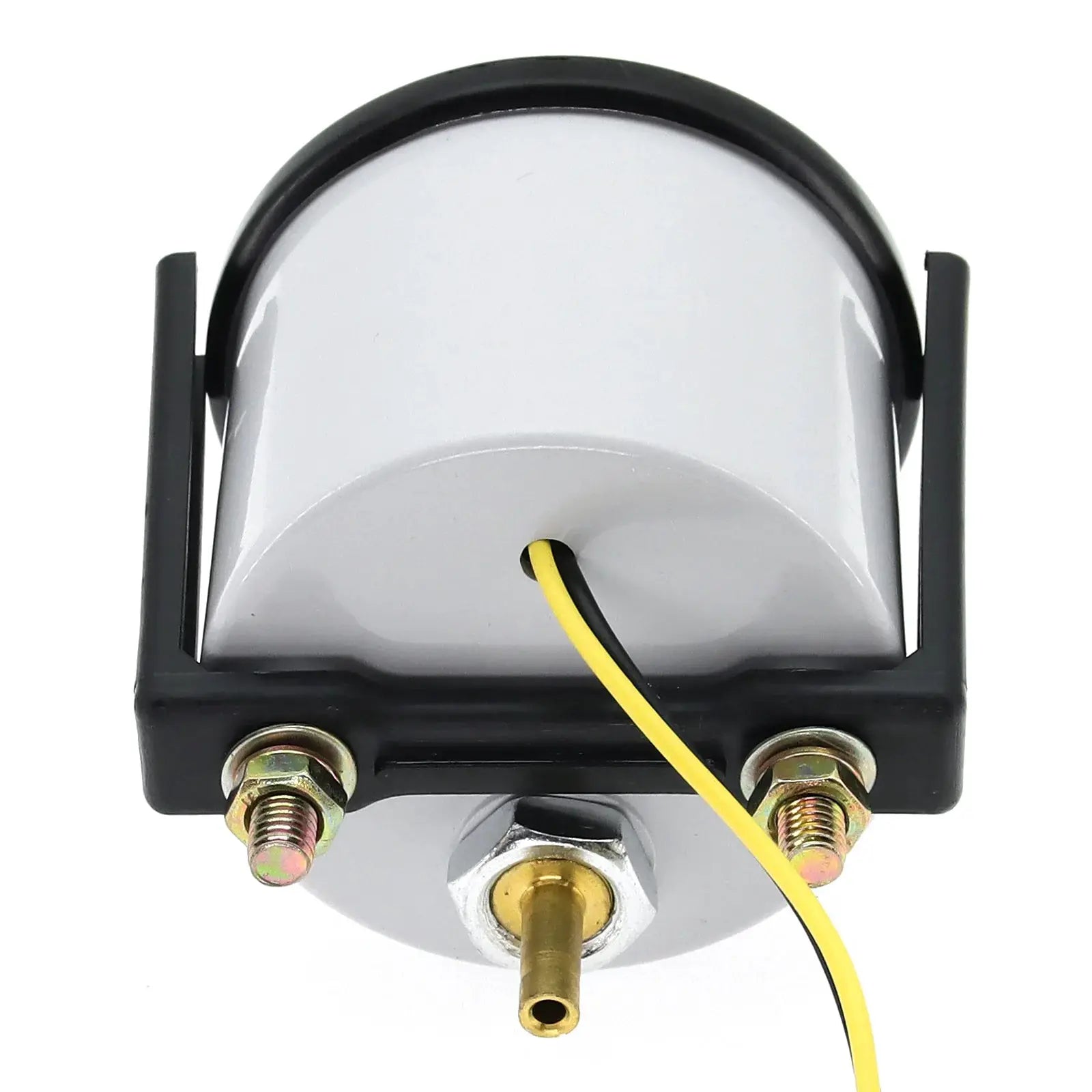 Back view of a 52mm automotive gauge mounted on a black bracket with a yellow power wire.