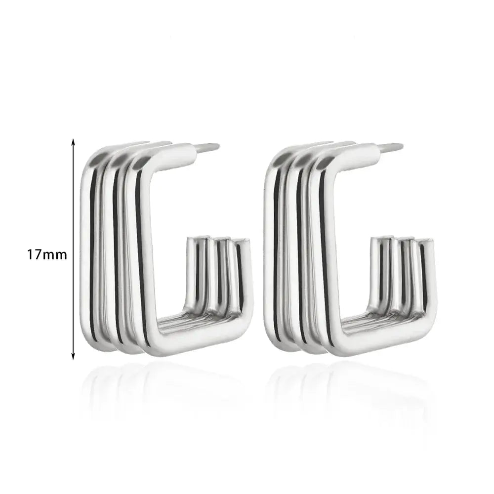Silver-tone stainless steel hoop earrings, chunky U-shaped triple-band design, 17mm size pair