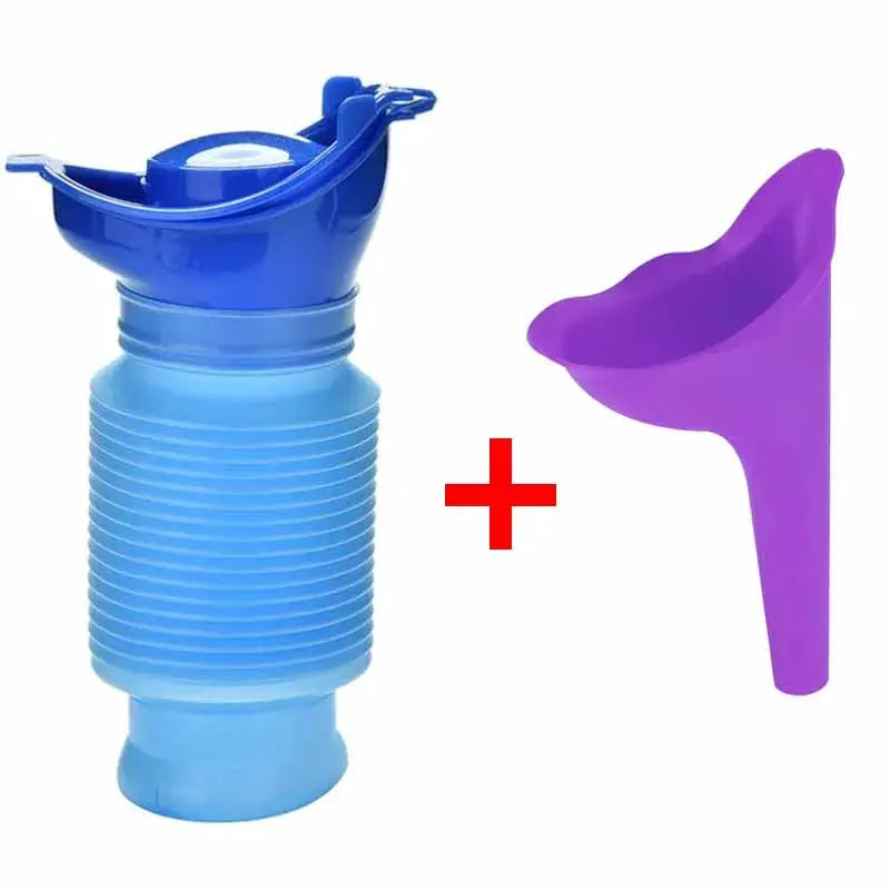 Blue 750ml adult urinal bottle with purple funnel attachment for outdoor travel