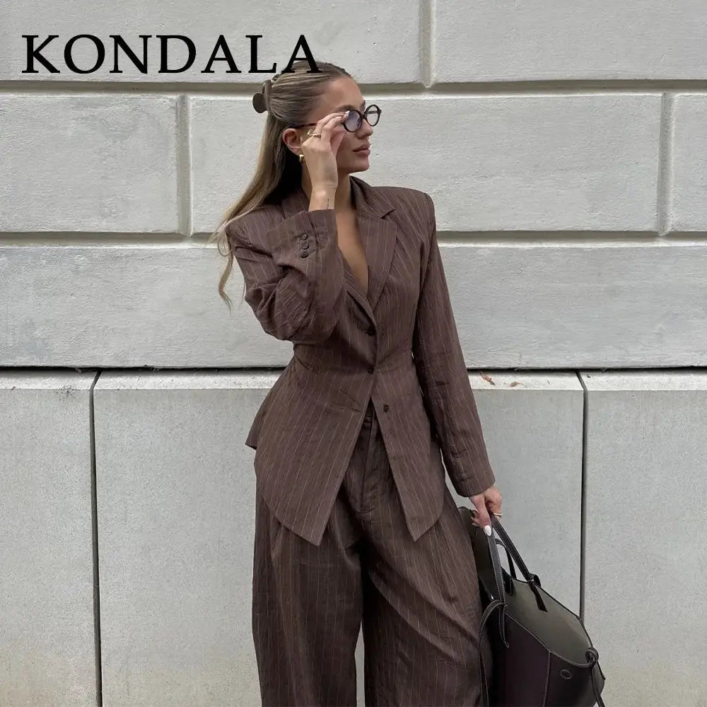 KONDALA brown pinstripe office suit blazer with wide-leg pants, single-breasted
