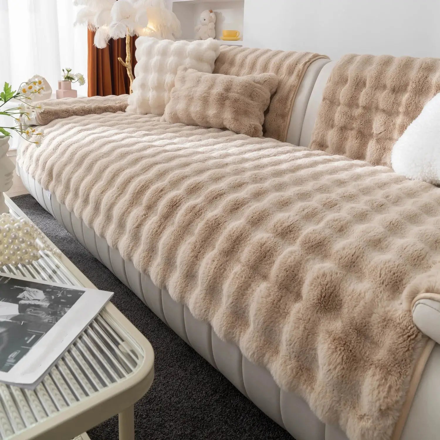Thicken faux rabbit fur sofa slipcover in beige with plush fabric and non-slip backing