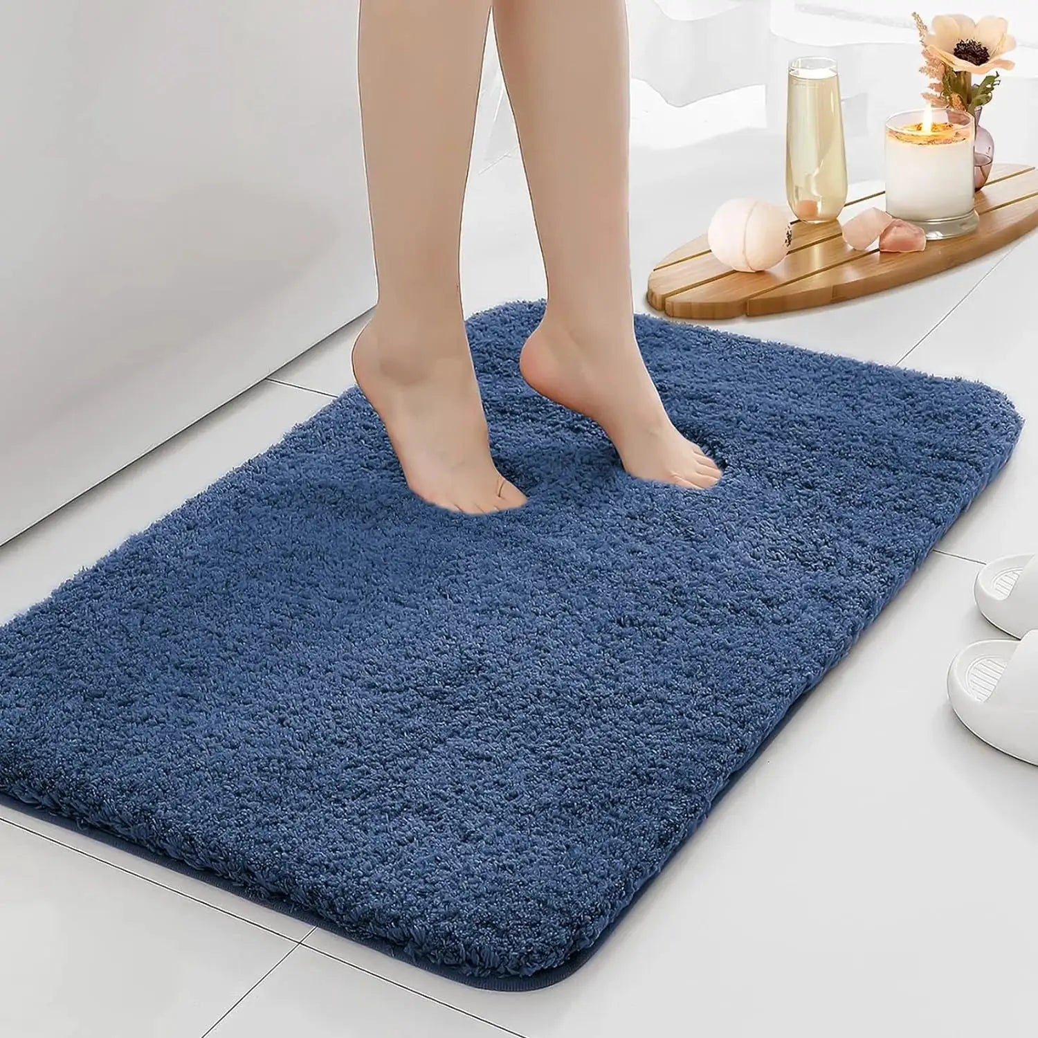 Bathroom mat from Simples Market, water-absorbent, anti-slip thickened long-hair navy blue, machine washable