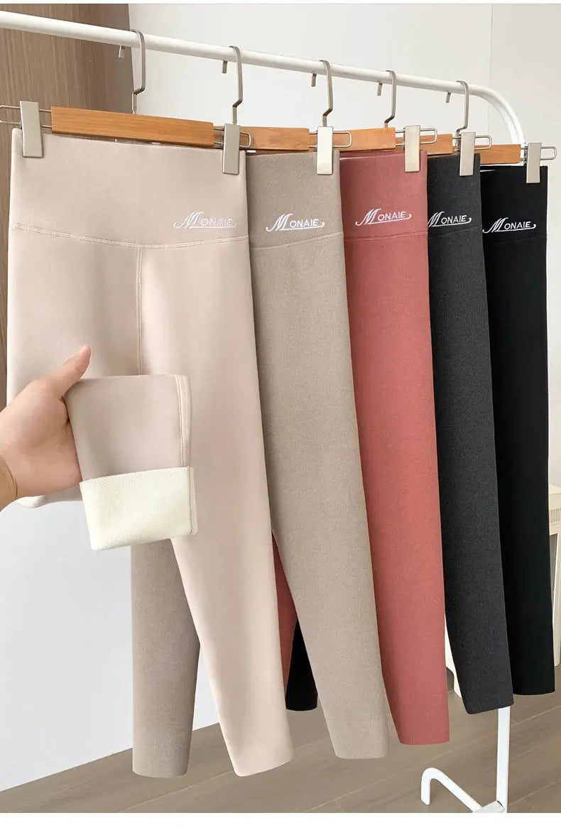 Women's winter cashmere leggings with high waist and velvet-thickened lining in six colors; beige pair held