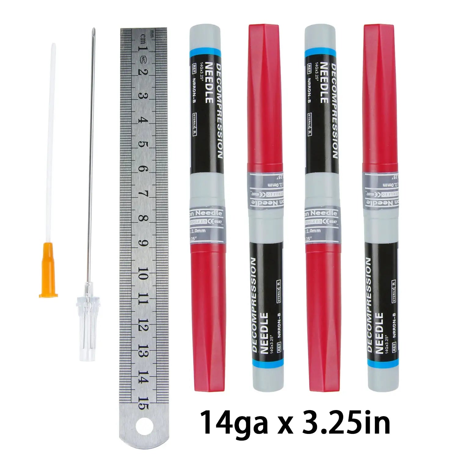 Simples Market decompression needle trauma kit with 14ga x 3.25in cannulas, metal needle, ruler and introducer tips
