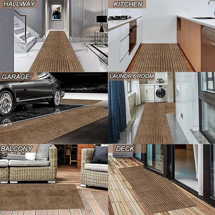 Polyester classic striped floor mat by Simples Market; brown-beige, non-slip kitchen/door rug for all rooms.