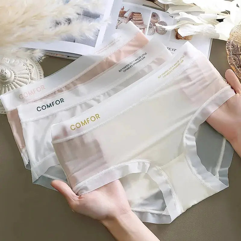 Women’s seamless ice-silk briefs, COMFOR 3-pack in white, beige, and pink