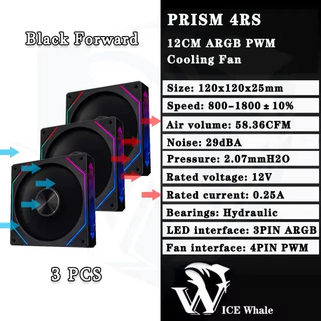 Three black Prism 4RS 120mm ARGB PWM PC case fans with Infinity Mirror RGB lighting, ICE Whale logo
