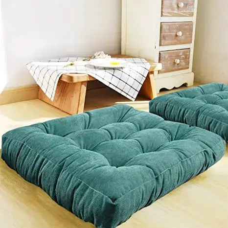 Floor pillows, teal tufted thick square cushions, 2-piece floor seating set.