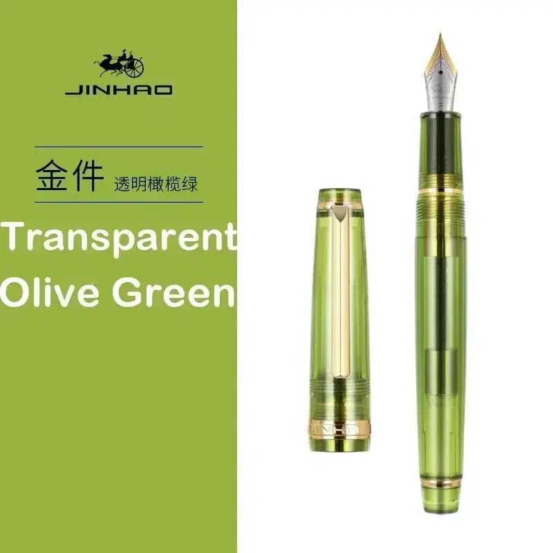 Jinhao 82 fountain pen in transparent olive green with gold accents; cap and pen shown