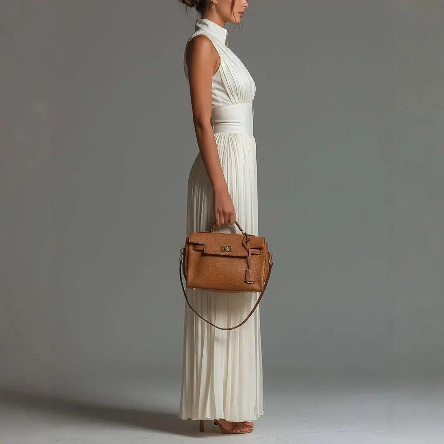 Elegant stand-collar pleated white jumpsuit by Simples Market, sleeveless, high-waist, wide-leg; tan handbag