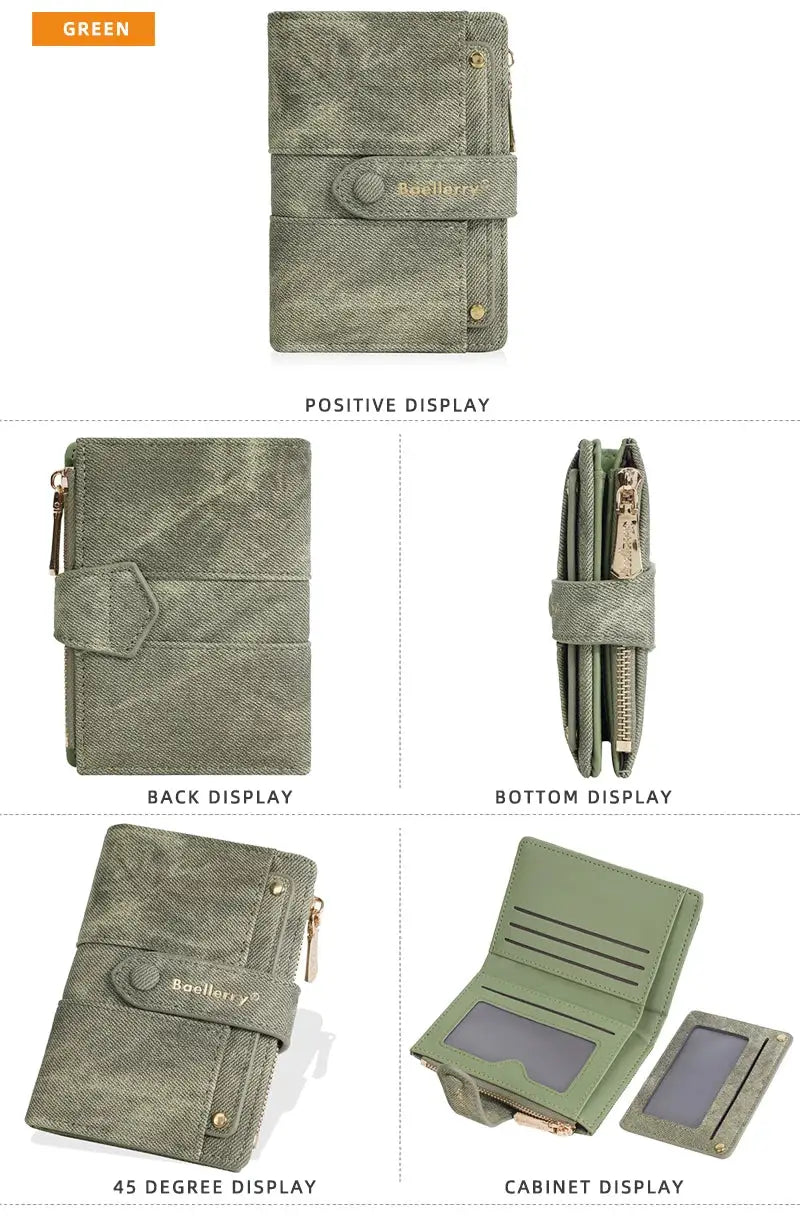 Baellerry green denim-textured short wallet with zipper coin pocket and detachable card clip