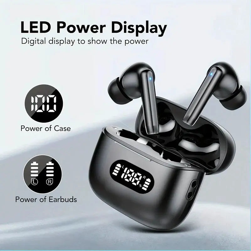 Wireless earbuds with LED power display in black charging case, TWS design