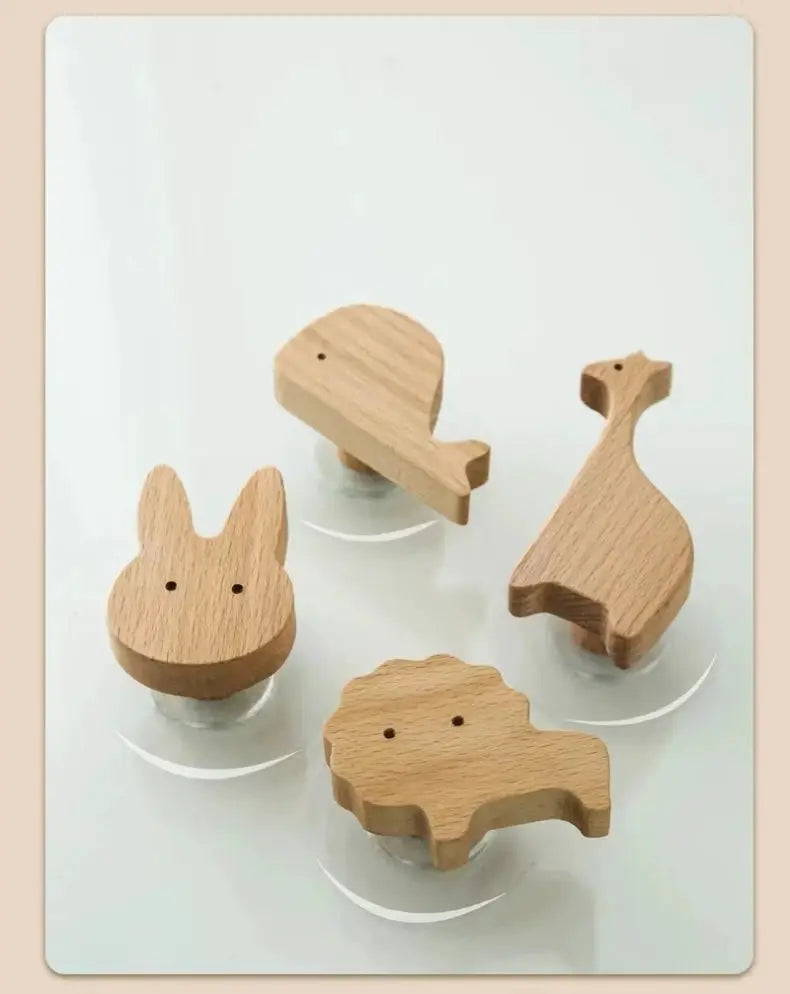 Wooden animal wall hooks set of 4 in natural finish for kids' room