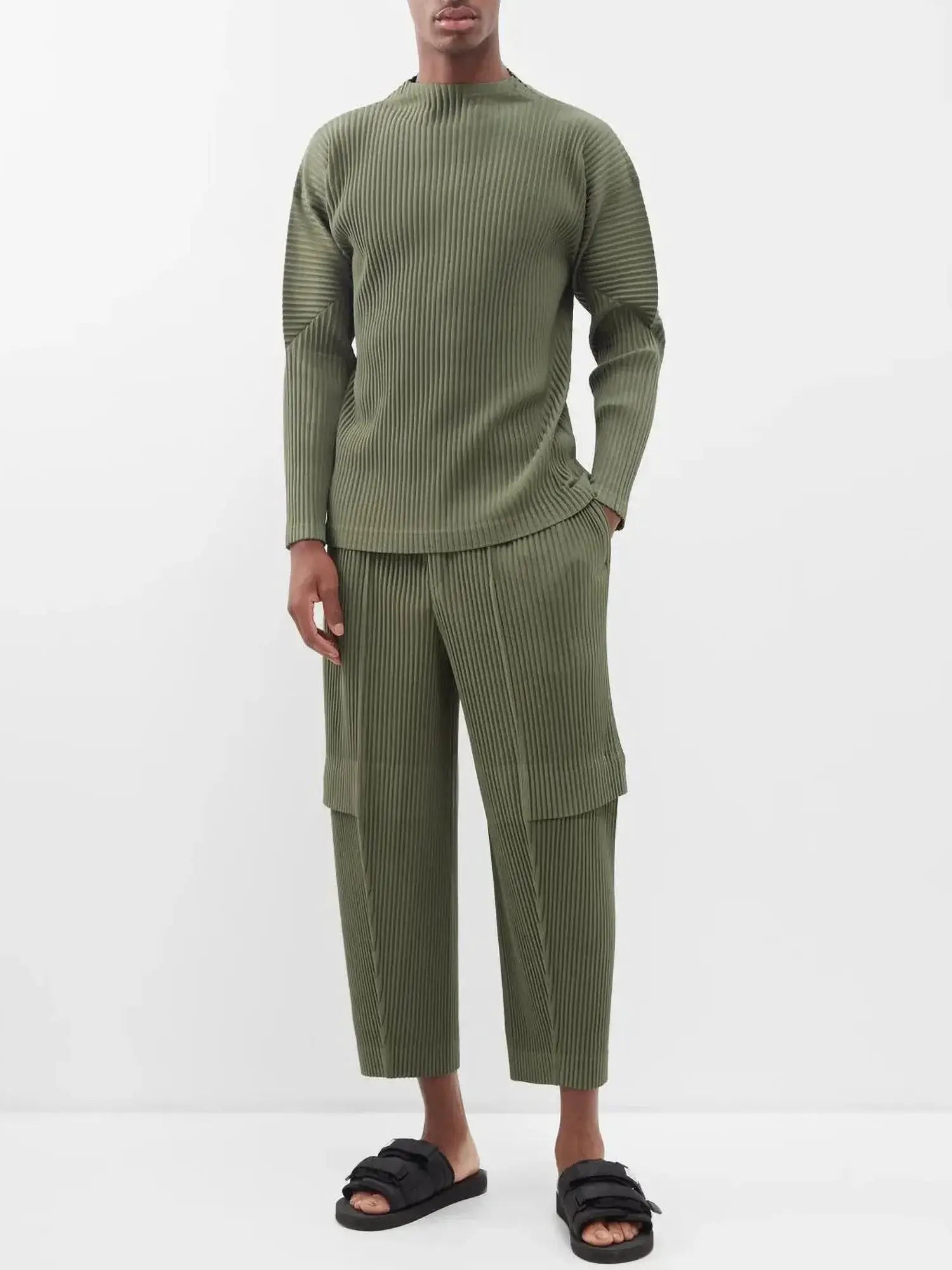 Miyake pleated olive-green men's cargo pants, Simples Market, loose straight fit