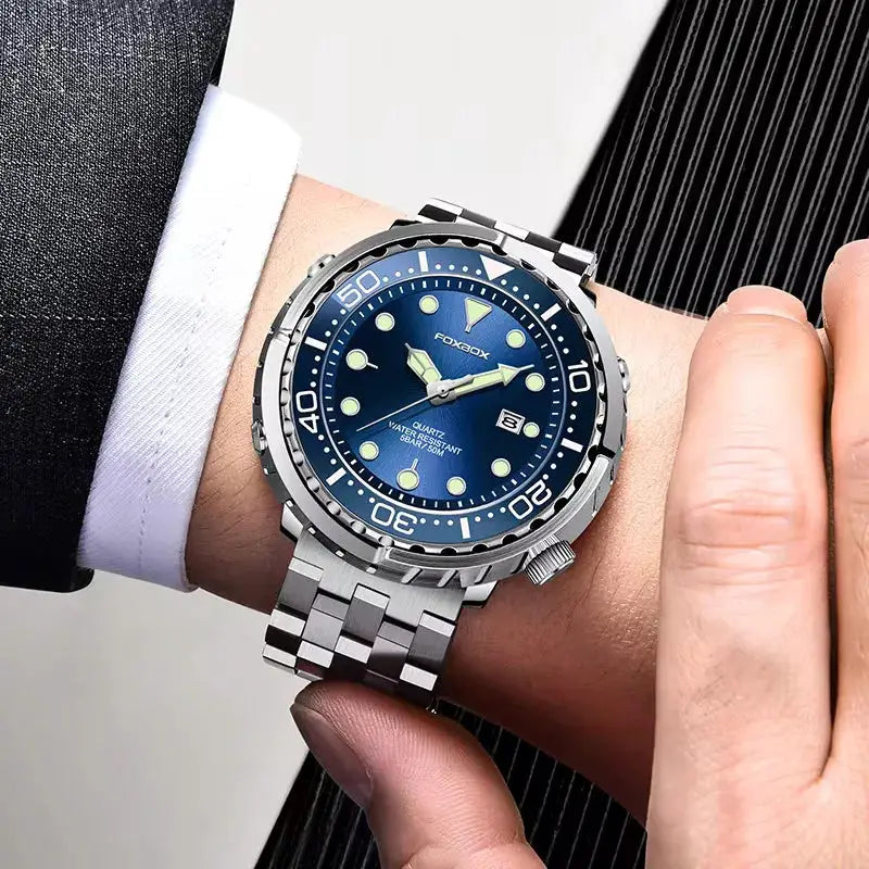 Men's FOXBOXE quartz diver watch with blue dial, luminous markers, steel bezel, stainless steel bracelet, date window