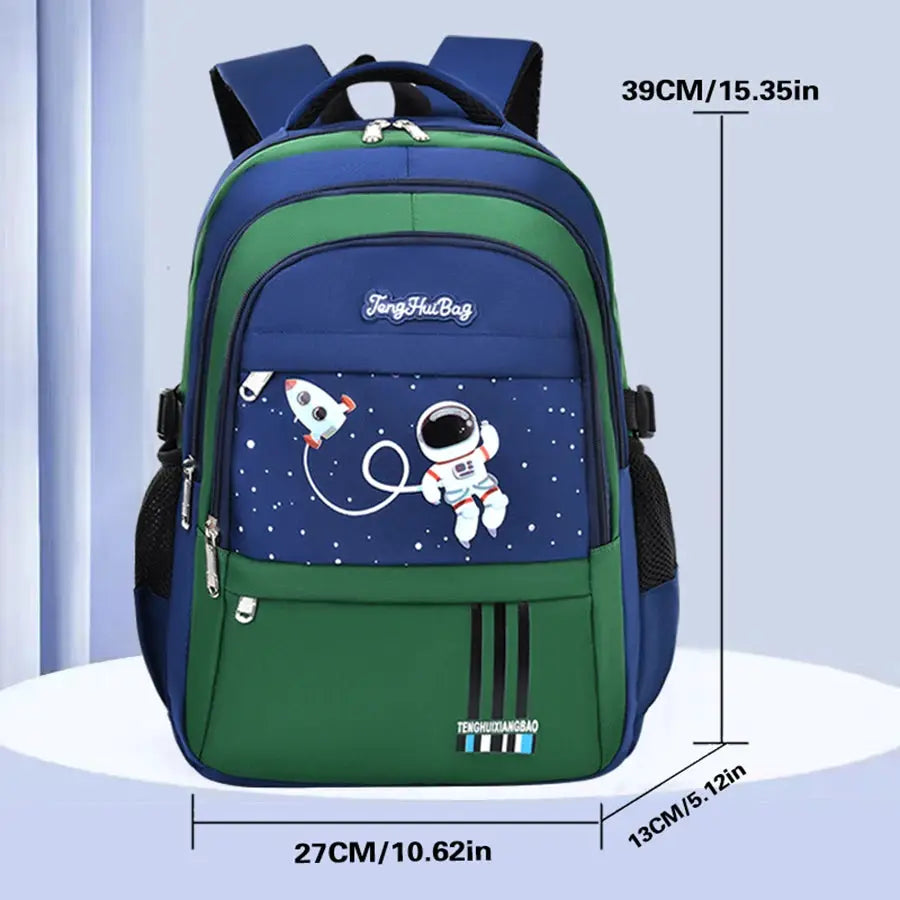 TengHuBag kids' astronaut school backpack in blue and green with space print, 39 cm tall and 27 cm wide.