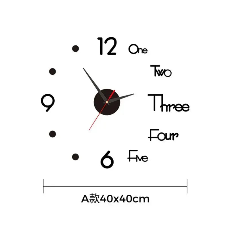 Large 3D DIY silent wall clock sticker by Simples Market, black center with gray hands and red second hand, 40x40cm