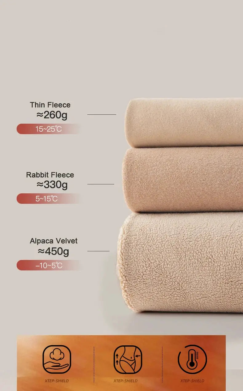 Beige fleece fabric swatches on three rolls with weight specs: thin fleece, rabbit fleece, alpaca velvet