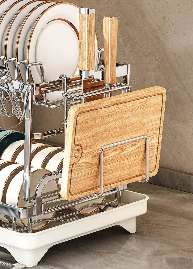Simples Market stainless steel dish rack with wooden handles; plate and bowl storage with cutting board holder