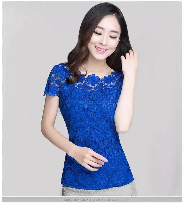 Women's lace blouse top in blue with short sleeves by Simples Market