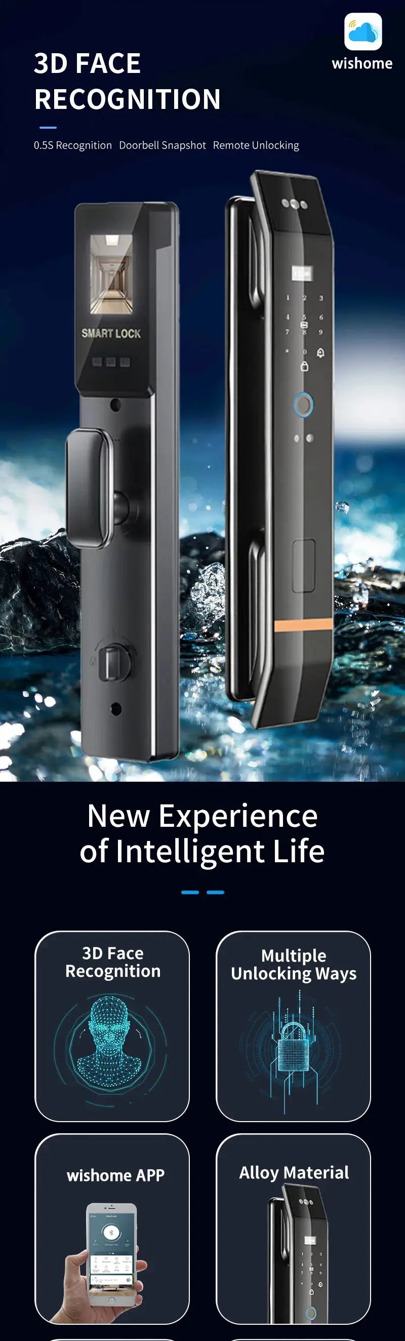 3D Face Smart Door Lock 2-pack with biometric fingerprint keypad, black alloy finish, wishome logo