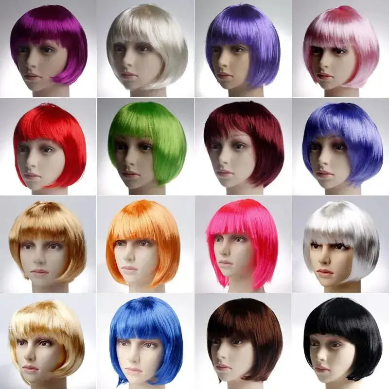Bob wig collection: 16 short synthetic bob wigs in bold colors for cosplay and daily wear.