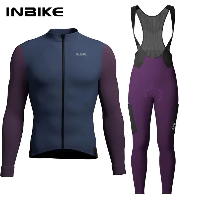 INBIKE men's fleece winter cycling set for road bikes: navy long-sleeve jersey with pockets and purple bib tights