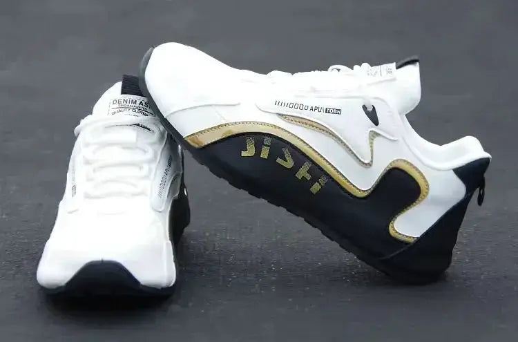 Simples Market men's PU leather waterproof sneakers, white with black sole and gold trim, casual sports shoes (2 shoes)
