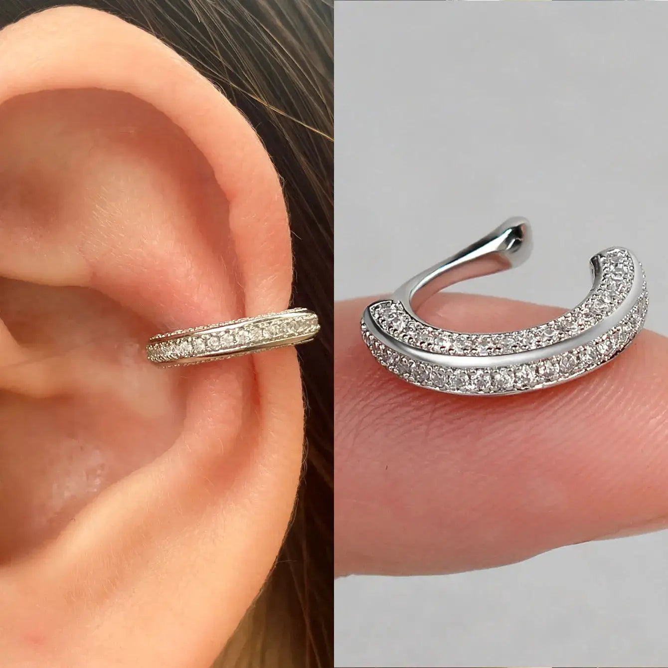 Delicate zircon clip-on ear cuff in silver with pavé crystals, shown from two angles.