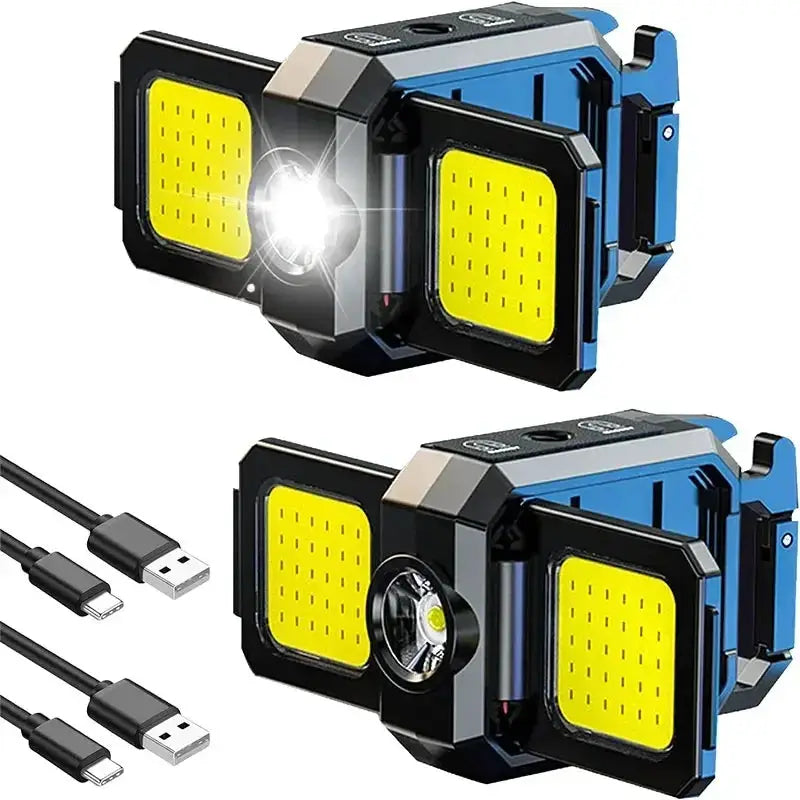Mini flashlight work light with two yellow COB panels, 90° foldable sides, USB rechargeable, blue/black body