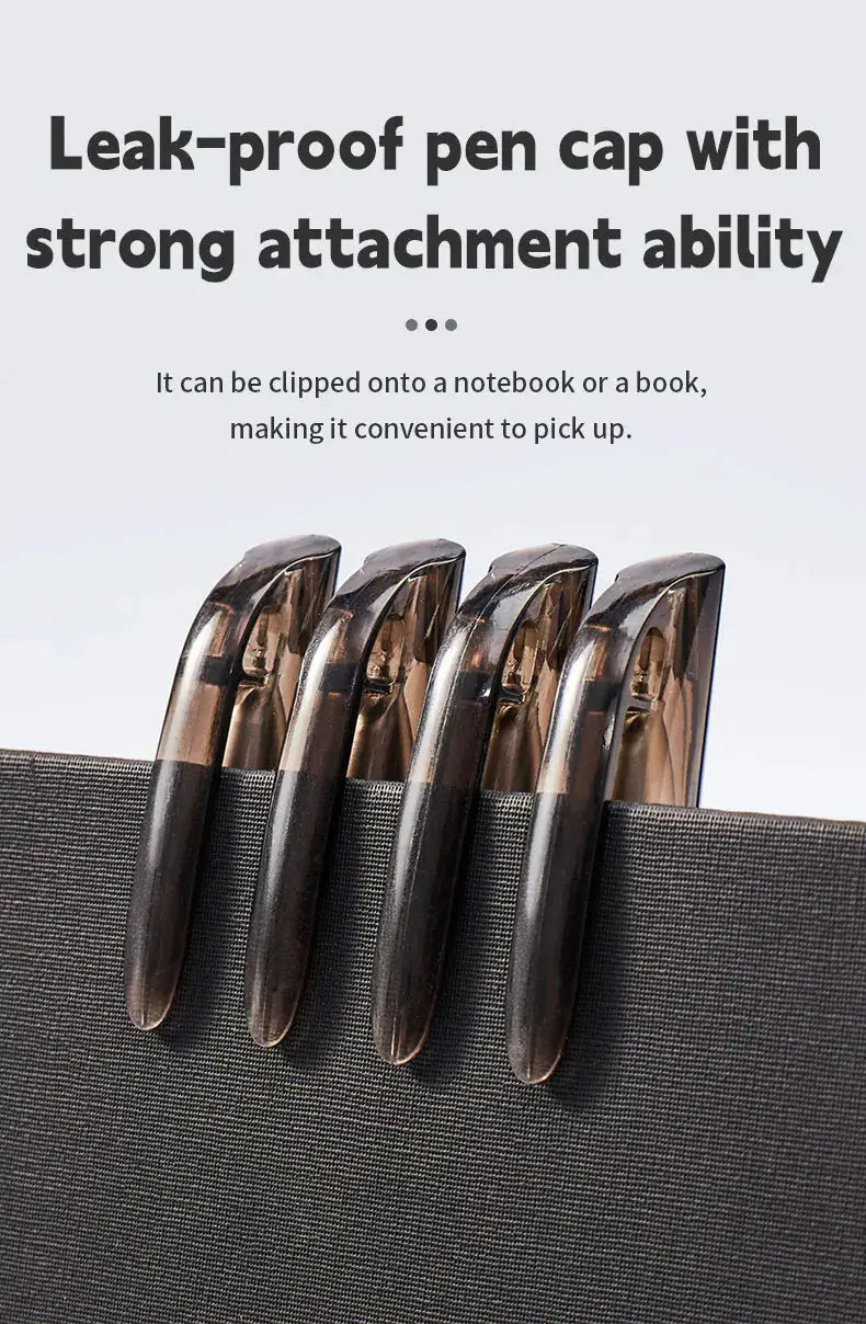 4-pack kawaii erasable gel pens with black bodies and translucent brown caps clipped to a notebook edge