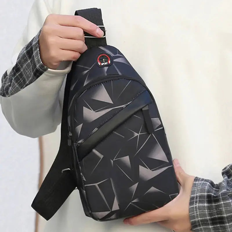 Korean chest bag by Simples Market, black geometric camouflage canvas sling bag with adjustable strap