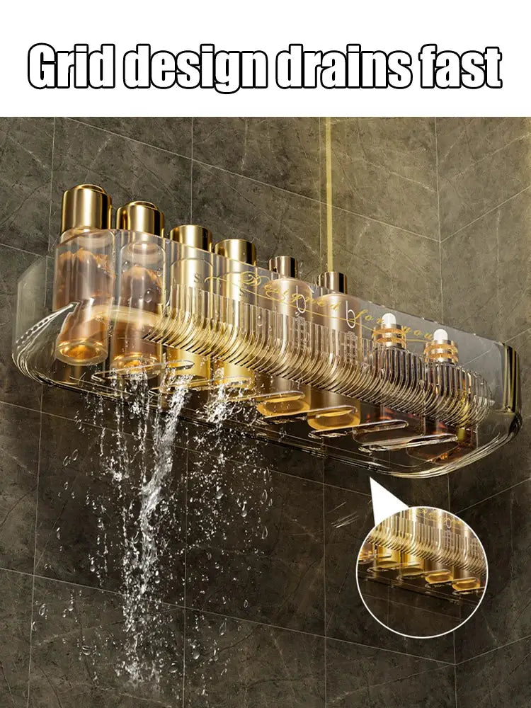 Clear acrylic bathroom cosmetic storage rack with gold accents, wall-mounted