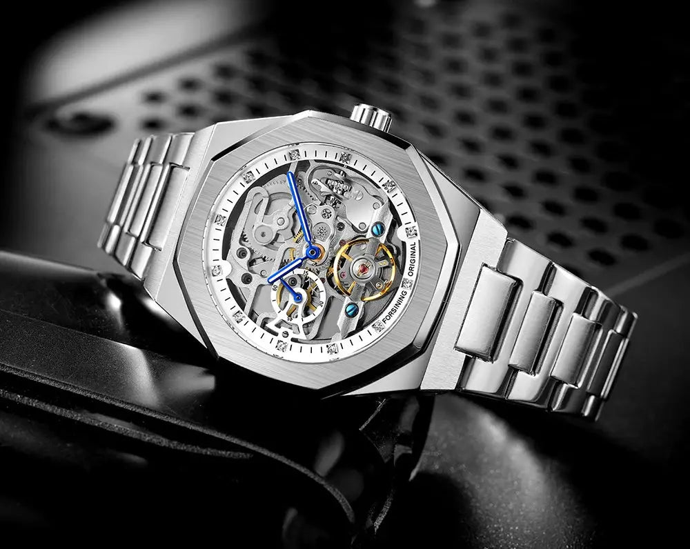 Forsining skeleton automatic men's watch with blue luminous hands and stainless steel bracelet